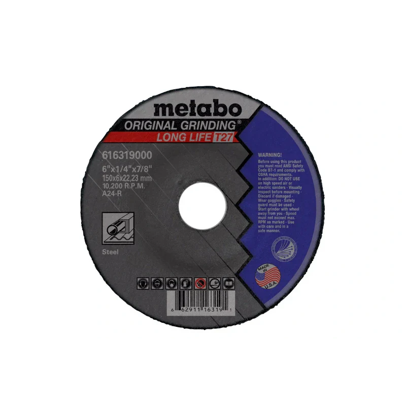 Metabo 616307000 LongLife Original Grinding Wheel 4-1/2" x 1/4" X 7/8" - Type 27 - A24R VM Hardware