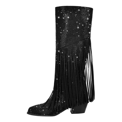 Starry Nights Knee-High Fringe Boots – Rhinestone Embellished Suede Cowgirl Boots Country in My Heart