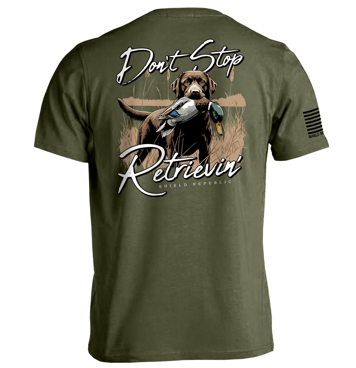 Don't Stop Retrievin' Chocolate Lab Shield Republic