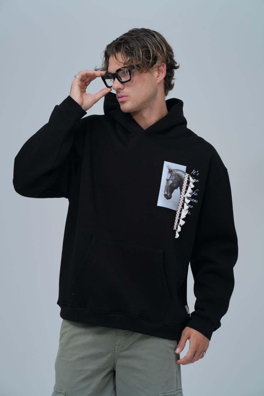 Mixed-Media Horse Graphic Hoodie Withinblack