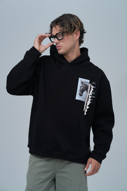 Mixed-Media Horse Graphic Hoodie Withinblack
