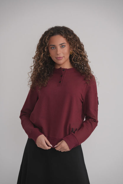 Dolman Sleeve Button Sweatshirt - Wine MOOD + ELLWI
