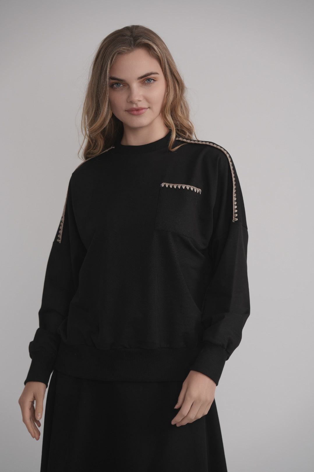 French Terry Sweatshirt with Blanket Stitch - Mocha MOOD + ELLWI