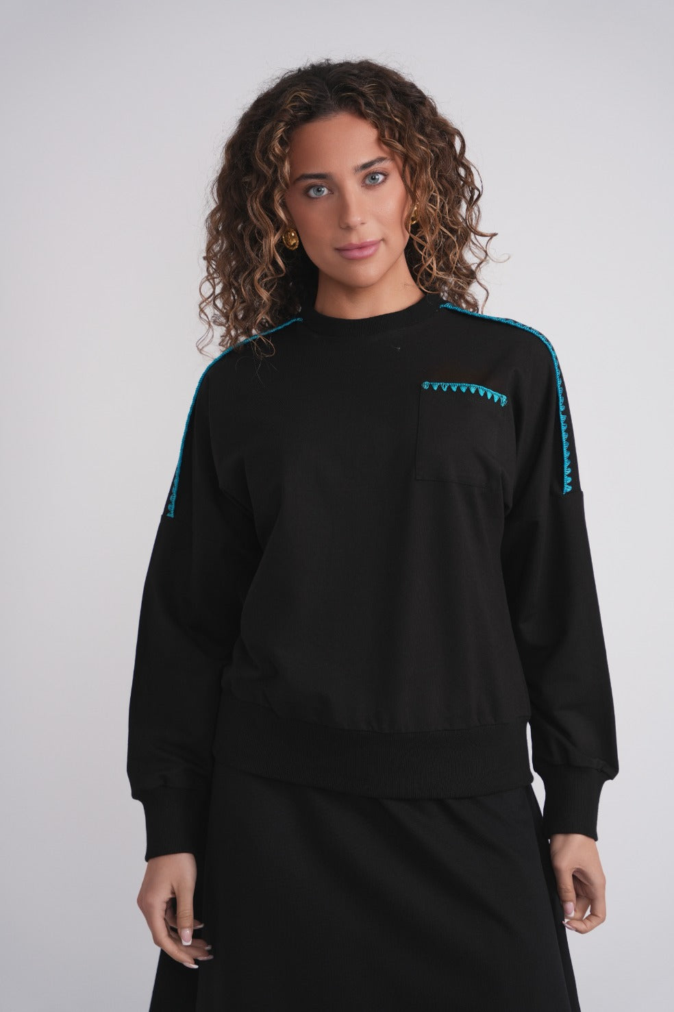 French Terry Sweatshirt with Blanket Stitch - Cobalt MOOD + ELLWI
