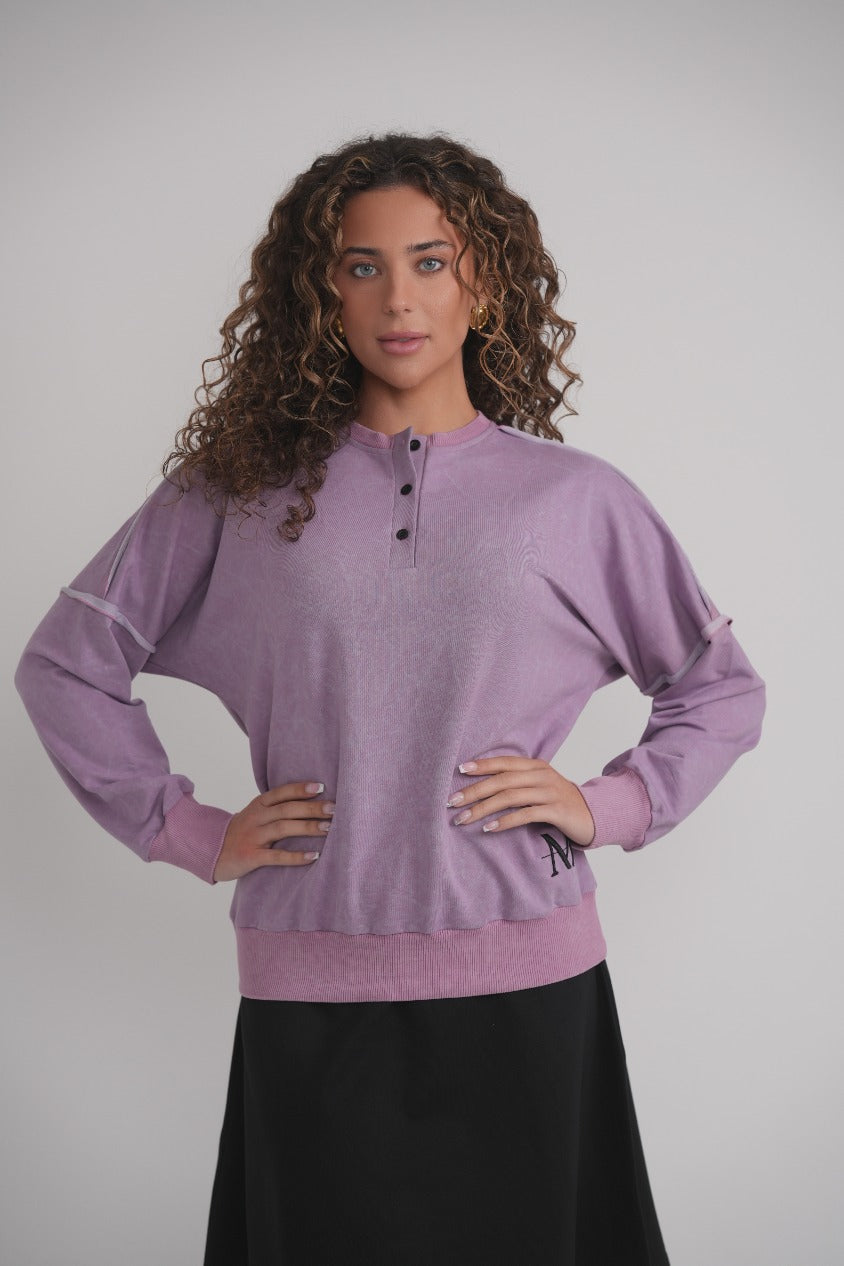 Acid Wash Sweatshirt With Buttons - Lavender MOOD + ELLWI
