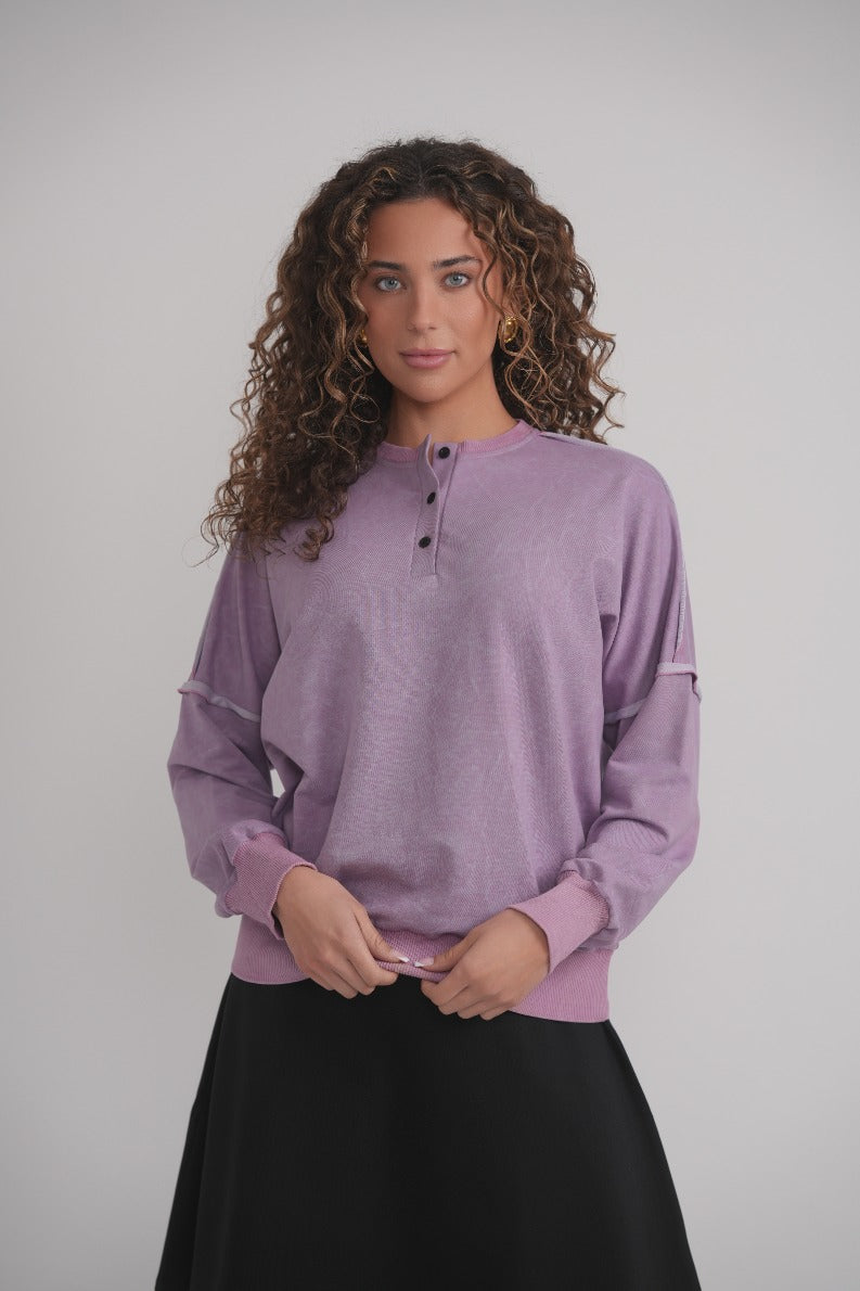 Acid Wash Sweatshirt With Buttons - Lavender MOOD + ELLWI