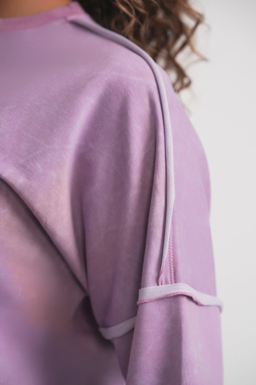 Acid Wash Sweatshirt With Buttons - Lavender MOOD + ELLWI