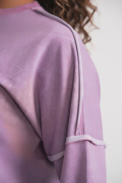 Acid Wash Sweatshirt With Buttons - Lavender MOOD + ELLWI