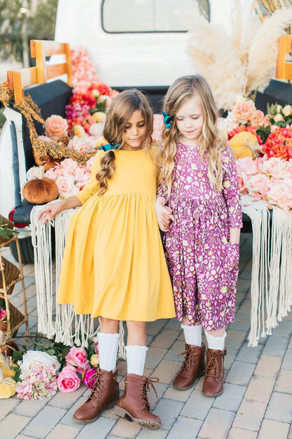 Mustard 3/4 Sleeve Pocket Twirl Dress