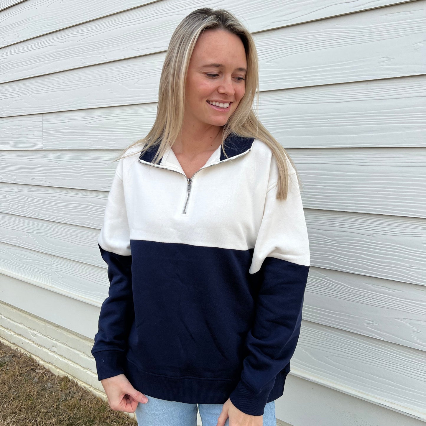 Navy/Cloud Dancer Colorblock Quarter Zip Pullover Ivy + Cloth