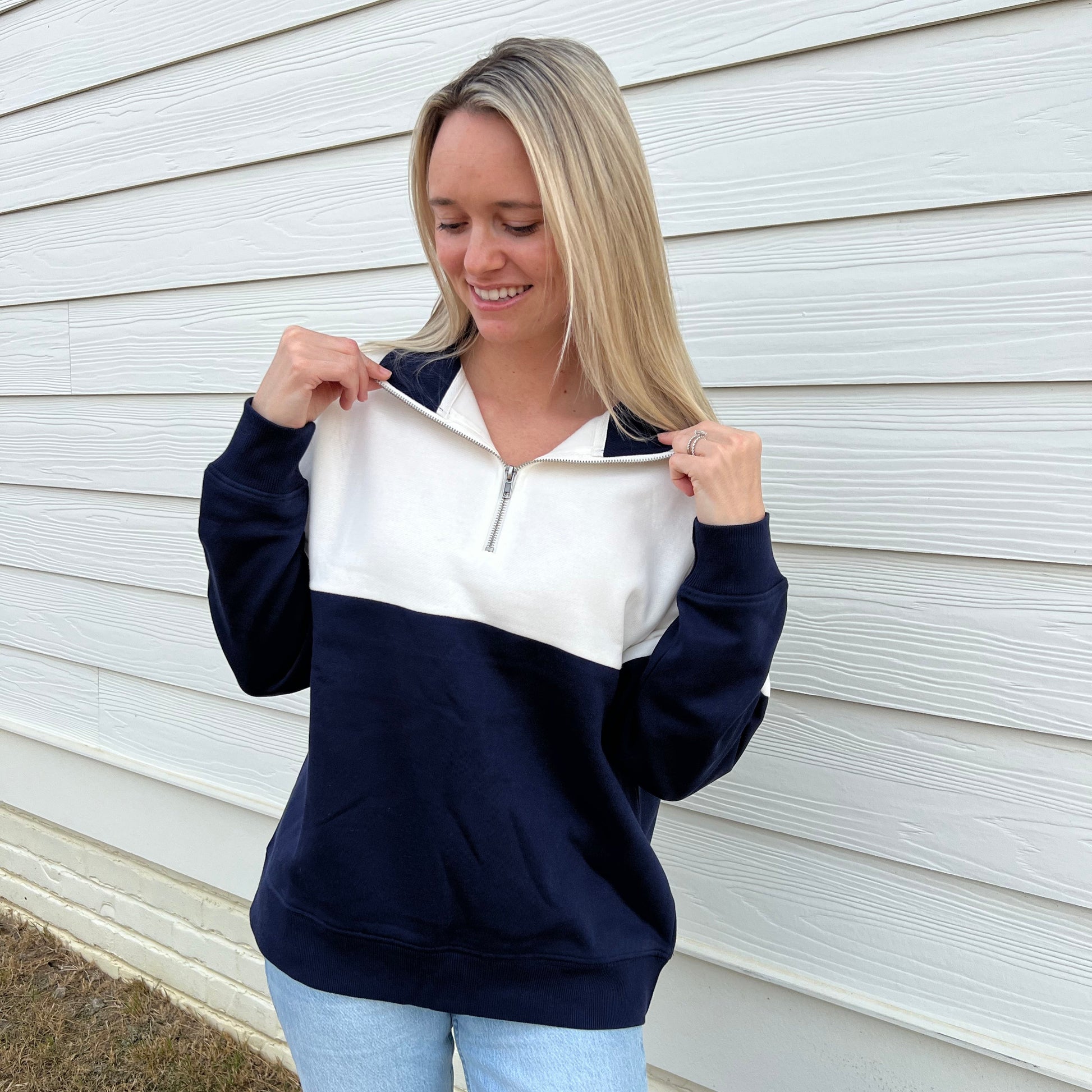 Navy/Cloud Dancer Colorblock Quarter Zip Pullover Ivy + Cloth