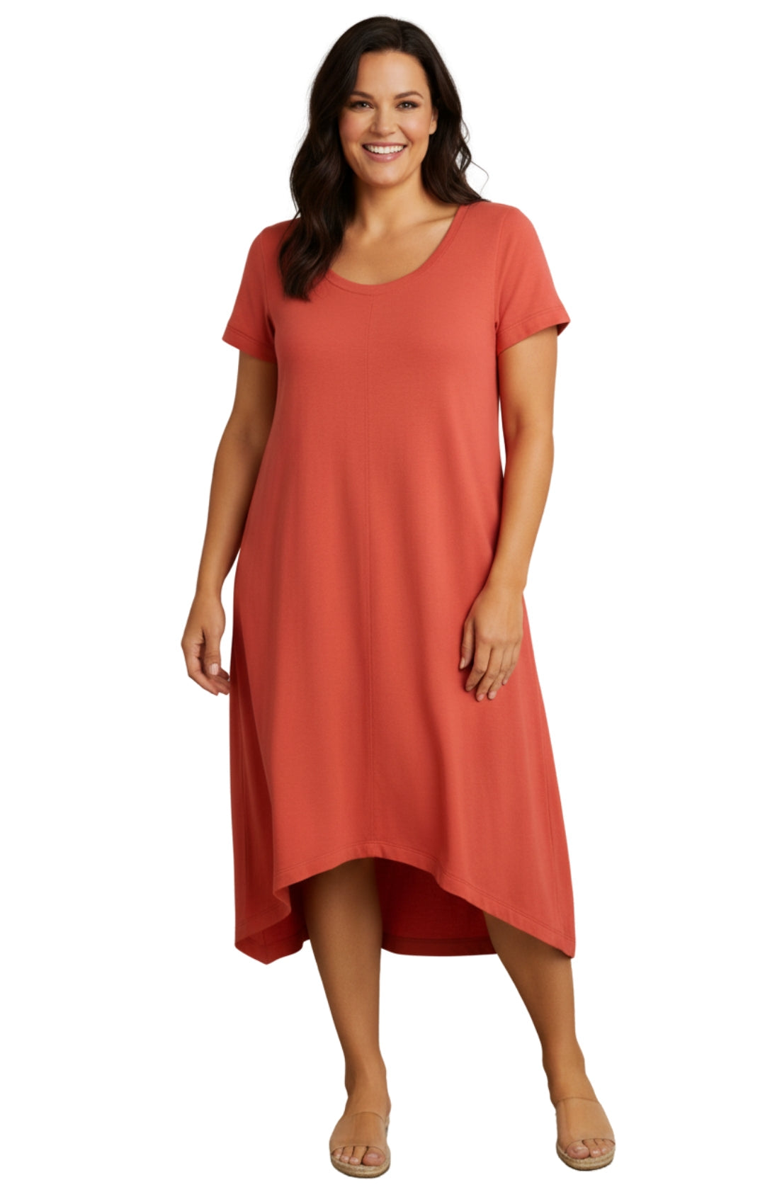 Women's Knit Wide Scoop Neck Short Sleeve Dress in A-line Asymmetrical Hem TURTLE BAY APPAREL