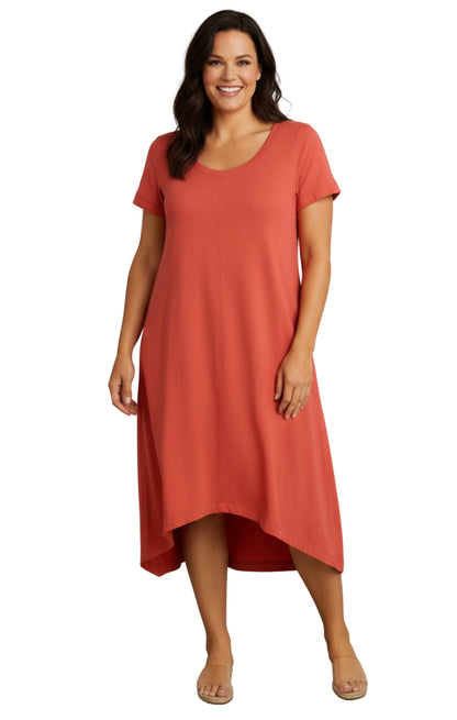 Women's Knit Wide Scoop Neck Short Sleeve Dress in A-line Asymmetrical Hem TURTLE BAY APPAREL