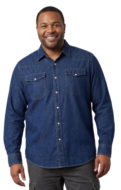 Mens Western Snap Front Button Shirt in Denim and Twill with a Stitched Yoke and Chest Pockets TURTLE BAY APPAREL