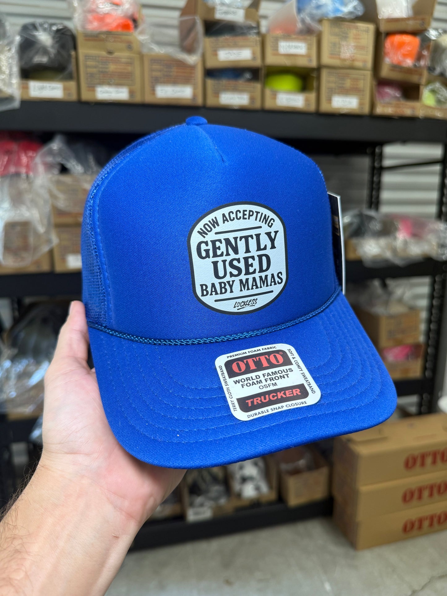 Now Accepting Gently Used Baby Mamas Trucker Hat Luckless Outfitters