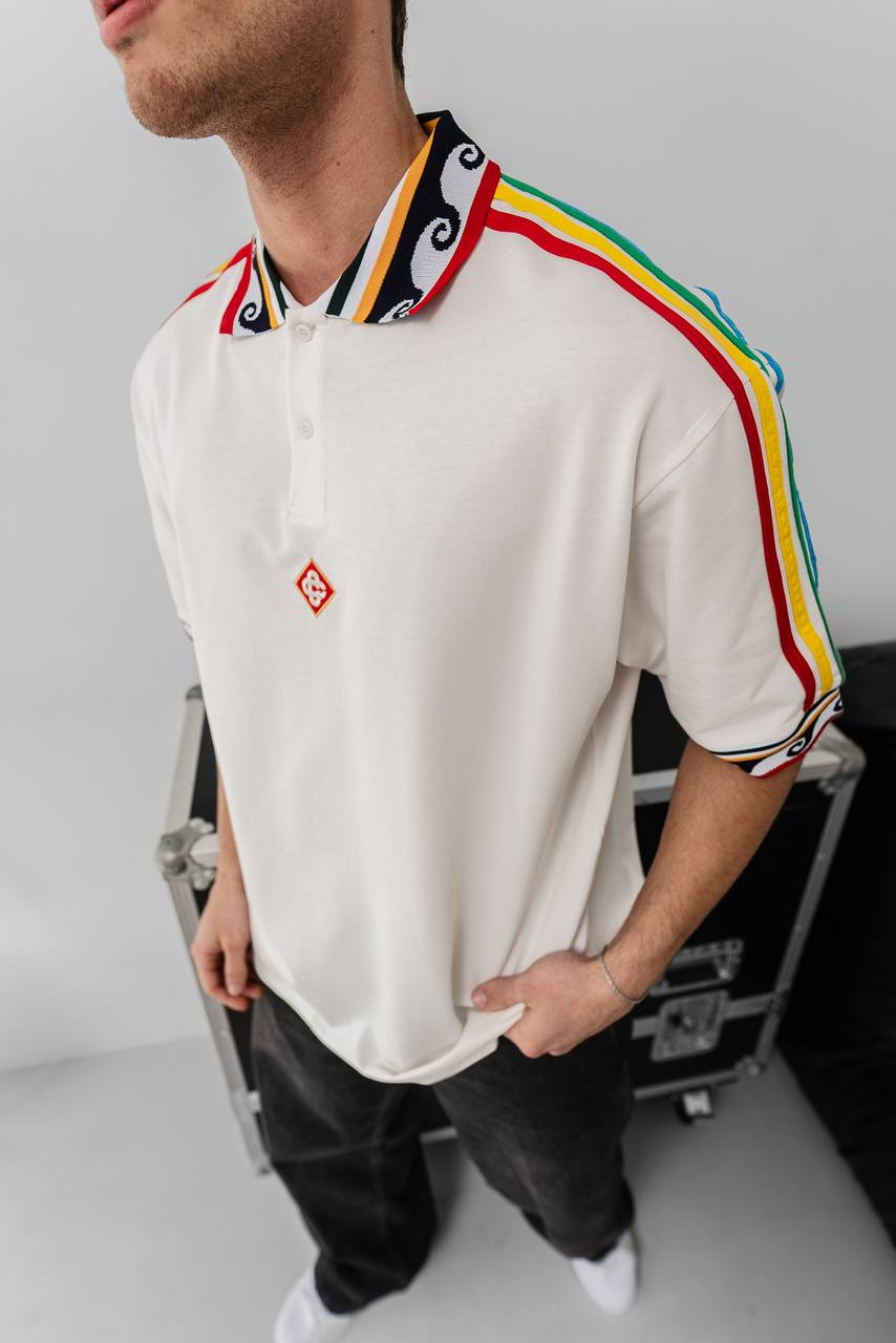 Ethnic Trim Oversized Polo T-Shirt – White Unisex Streetwear Withinblack