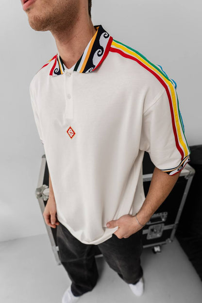 Ethnic Trim Oversized Polo T-Shirt – White Unisex Streetwear Withinblack