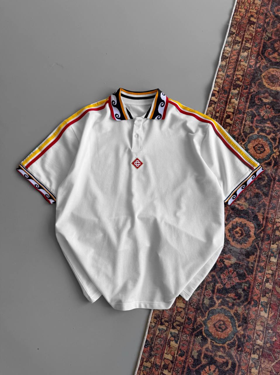Ethnic Trim Oversized Polo T-Shirt – White Unisex Streetwear Withinblack
