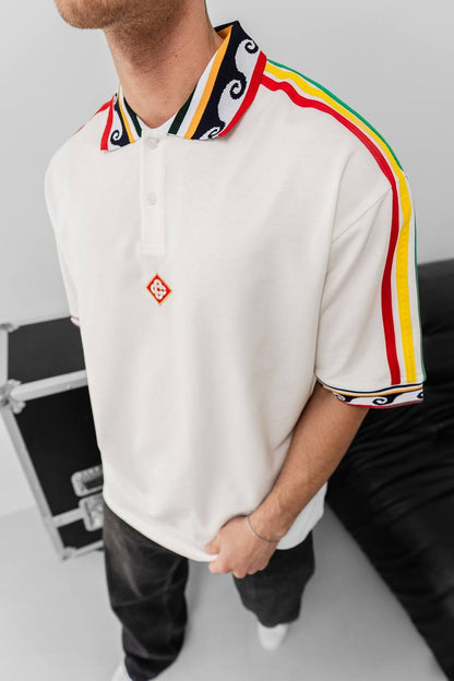Ethnic Trim Oversized Polo T-Shirt – White Unisex Streetwear Withinblack