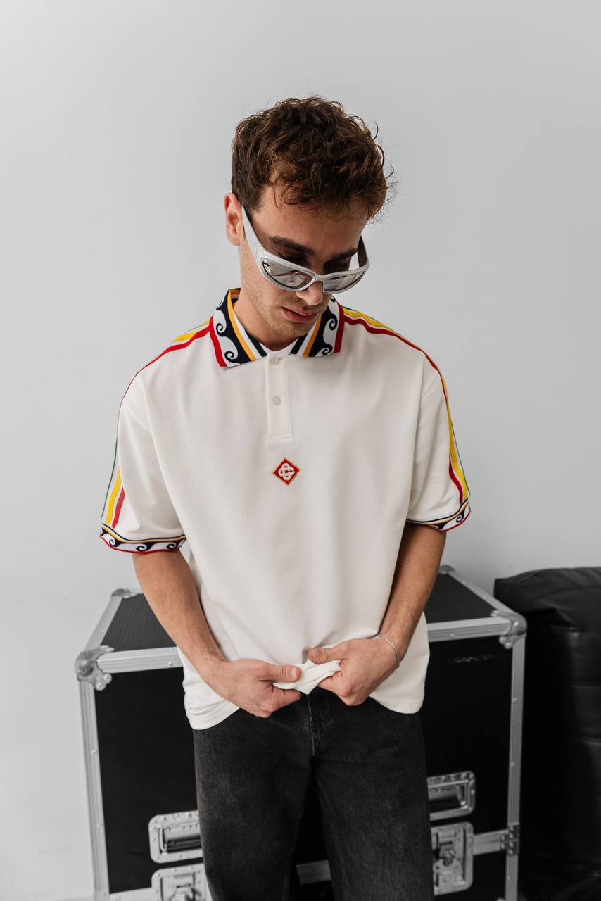 Ethnic Trim Oversized Polo T-Shirt – White Unisex Streetwear Withinblack