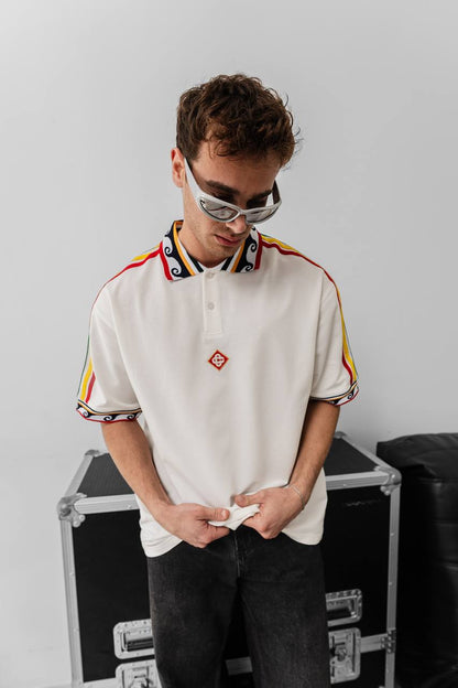 Ethnic Trim Oversized Polo T-Shirt – White Unisex Streetwear Withinblack
