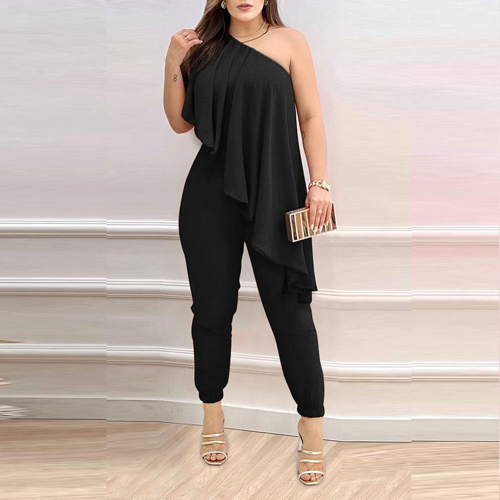 Printed One-shoulder Ruffled Jumpsuit Grayceful LLC