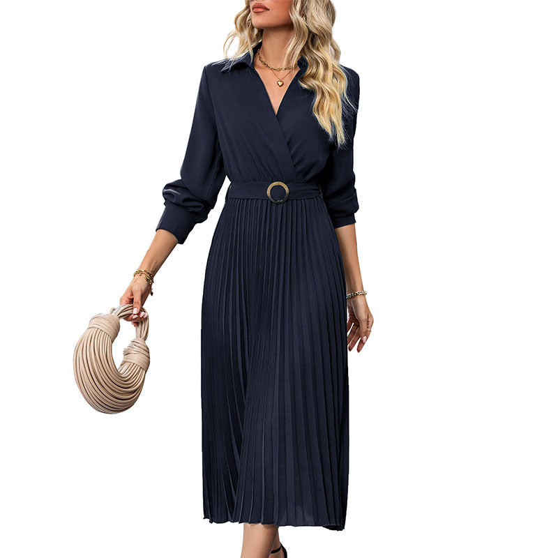 Lapel Shirt Women Pleated Long Sleeve Dress Grayceful LLC