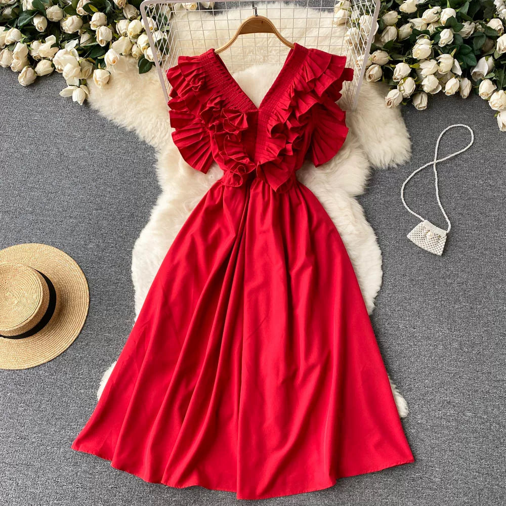 Short Sleeve V-neck Solid A-Line Dress Summer Ruffles High Waist Maxi Dress Ladies Elegant Dresses Clothes Women Wholesale NovaCart