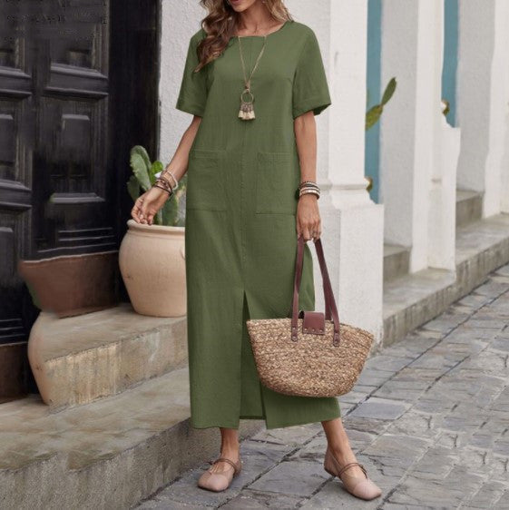 Cotton And Linen Solid Color Loose Round Neck Short Sleeve Dress Women Grayceful LLC