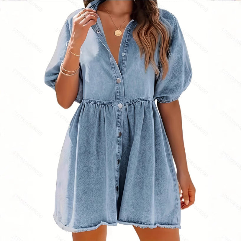Washed Denim Lapel Loose Dress Skirt Grayceful LLC