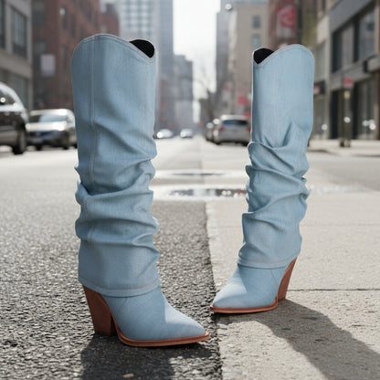 Vintage Pointed-Toe Chunky Heel High Tube Boots — Statement Heels FitiqueFit
