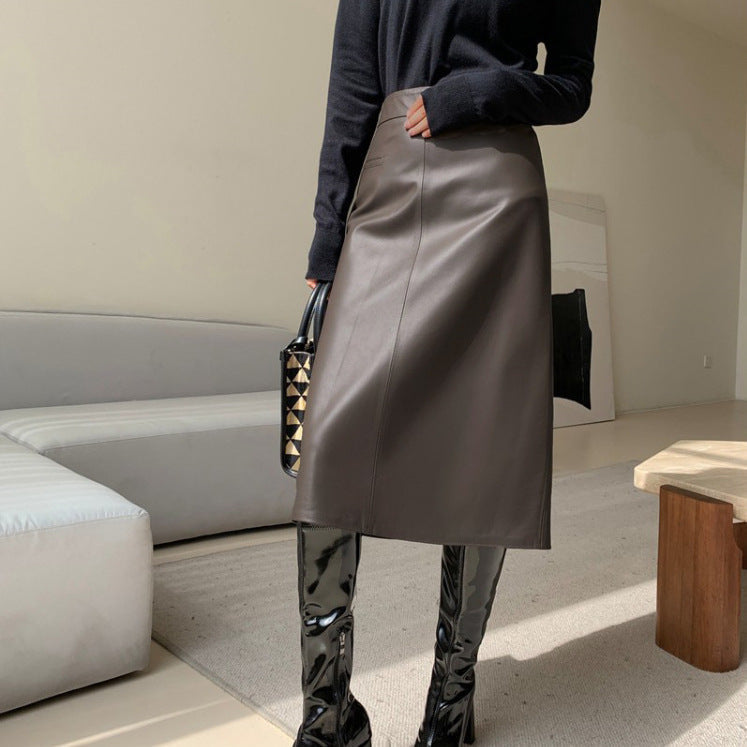 High Waist Simple Version A Versatile Slimming Leather Skirt Grayceful LLC