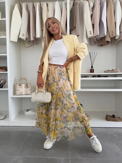 Summer New Mesh Lemon Printing Elastic Waist Large Swing Casual Skirt Women Grayceful LLC