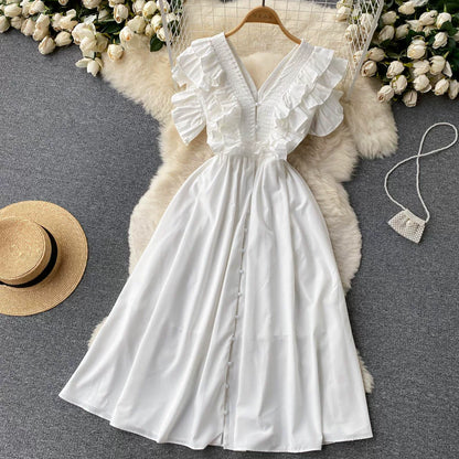 Short Sleeve V-neck Solid A-Line Dress Summer Ruffles High Waist Maxi Dress Ladies Elegant Dresses Clothes Women Wholesale NovaCart