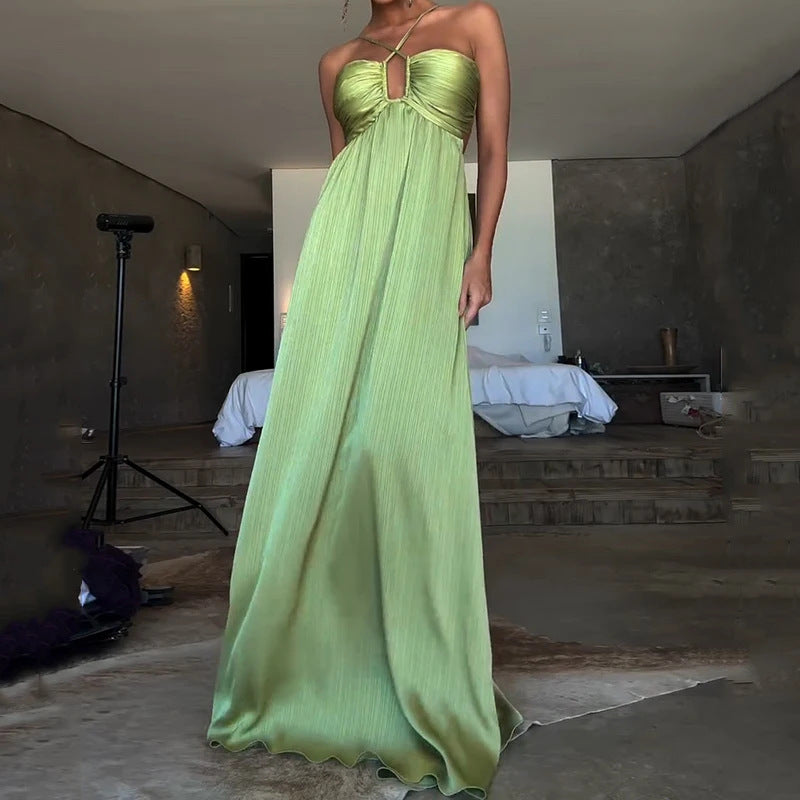 Halter Cut-out Low-cut Pleated Expansion Skirt For Vacation Dress Grayceful LLC
