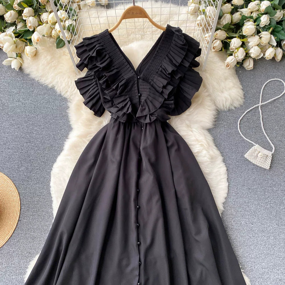 Short Sleeve V-neck Solid A-Line Dress Summer Ruffles High Waist Maxi Dress Ladies Elegant Dresses Clothes Women Wholesale NovaCart