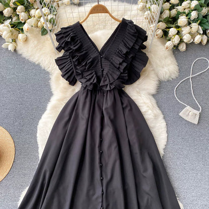 Short Sleeve V-neck Solid A-Line Dress Summer Ruffles High Waist Maxi Dress Ladies Elegant Dresses Clothes Women Wholesale NovaCart