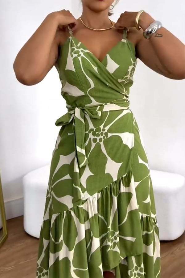 Elegance Women's Cross Collar Belt Floral Print Dress Grayceful LLC