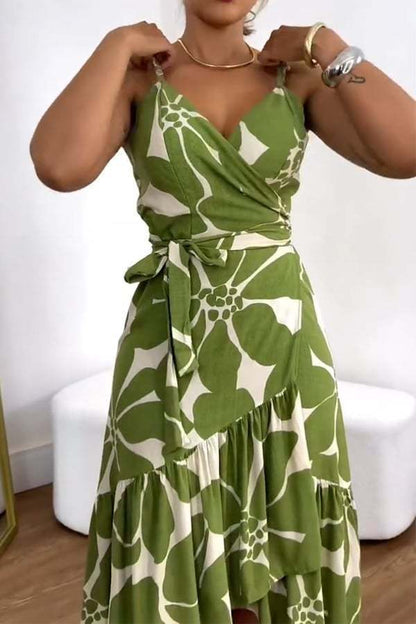 Elegance Women's Cross Collar Belt Floral Print Dress Grayceful LLC
