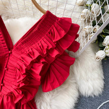 Short Sleeve V-neck Solid A-Line Dress Summer Ruffles High Waist Maxi Dress Ladies Elegant Dresses Clothes Women Wholesale NovaCart