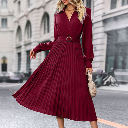 Lapel Shirt Women Pleated Long Sleeve Dress Grayceful LLC