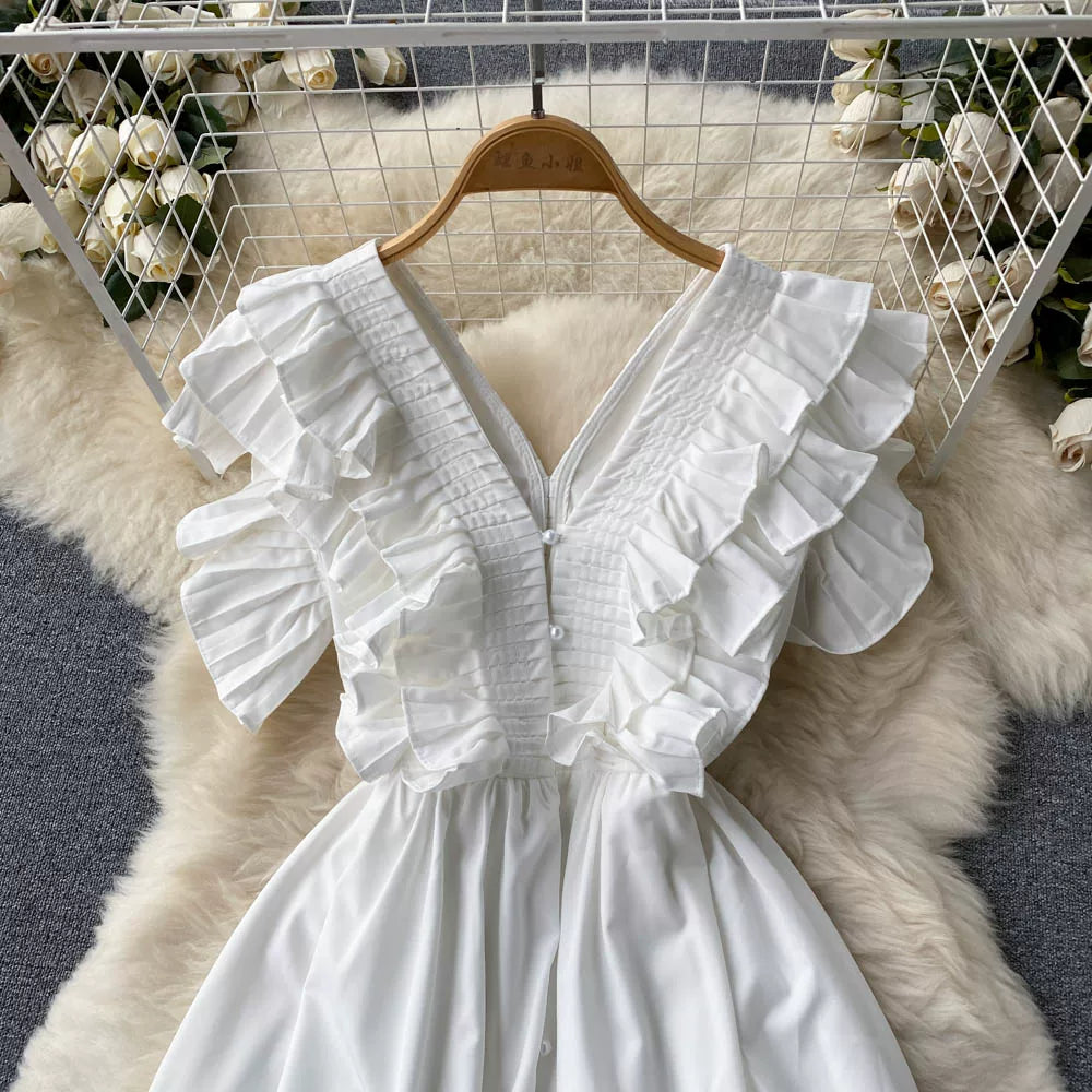 Short Sleeve V-neck Solid A-Line Dress Summer Ruffles High Waist Maxi Dress Ladies Elegant Dresses Clothes Women Wholesale NovaCart
