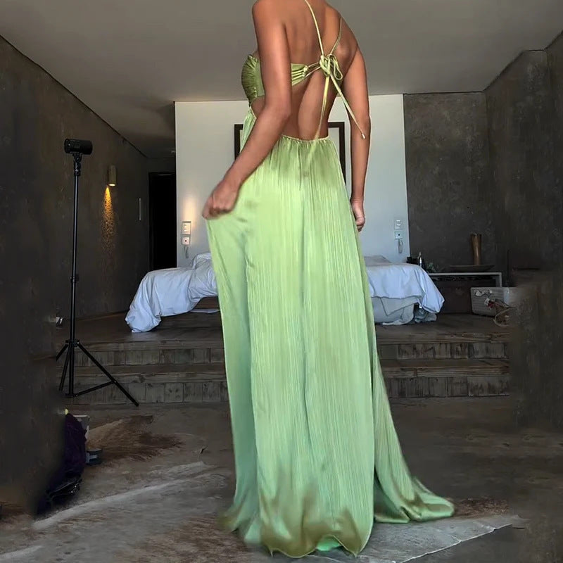 Halter Cut-out Low-cut Pleated Expansion Skirt For Vacation Dress Grayceful LLC