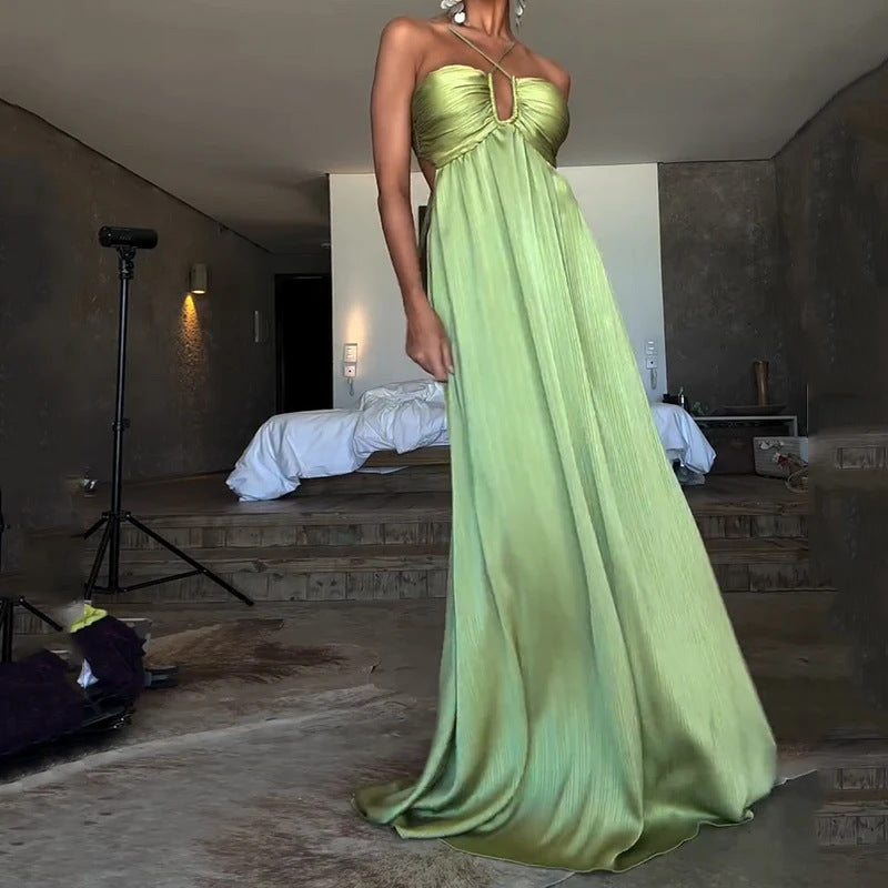 Halter Cut-out Low-cut Pleated Expansion Skirt For Vacation Dress Grayceful LLC