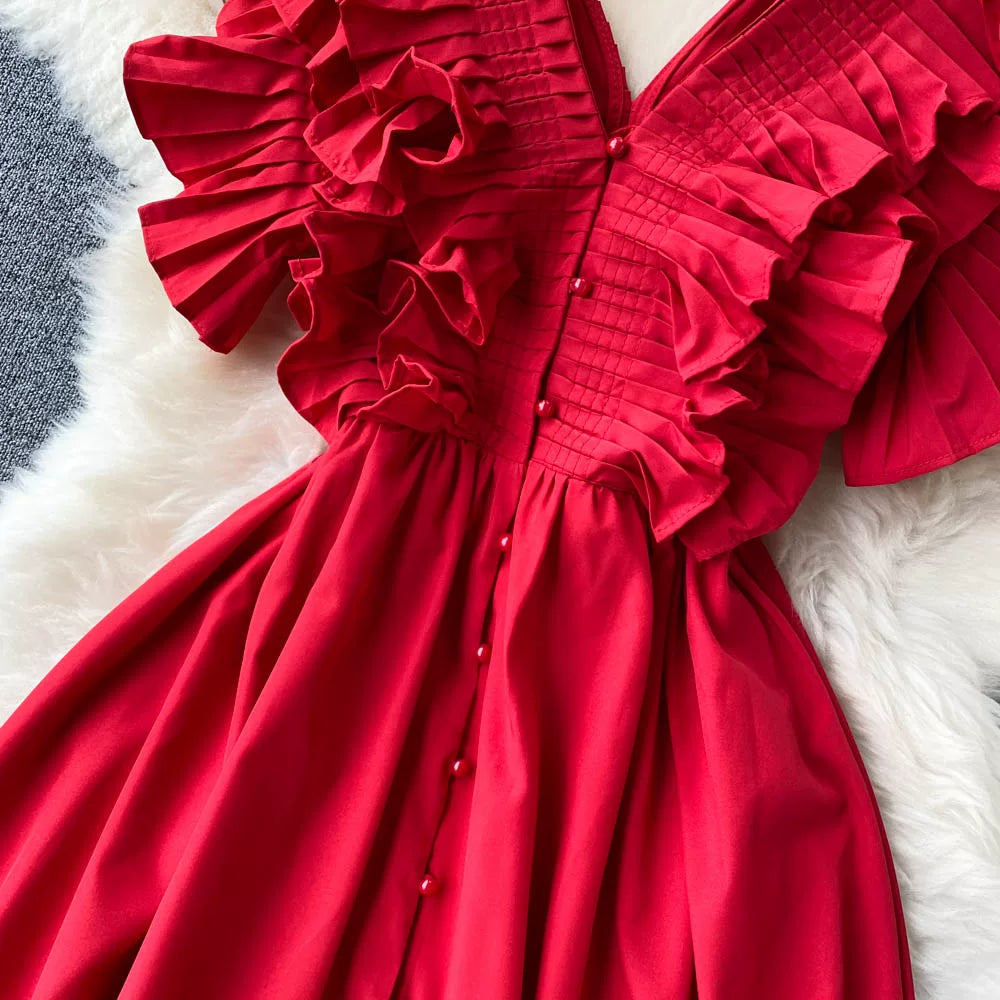 Short Sleeve V-neck Solid A-Line Dress Summer Ruffles High Waist Maxi Dress Ladies Elegant Dresses Clothes Women Wholesale NovaCart