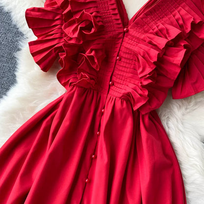 Short Sleeve V-neck Solid A-Line Dress Summer Ruffles High Waist Maxi Dress Ladies Elegant Dresses Clothes Women Wholesale NovaCart