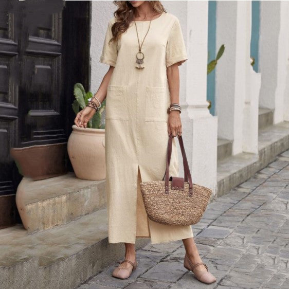 Cotton And Linen Solid Color Loose Round Neck Short Sleeve Dress Women Grayceful LLC