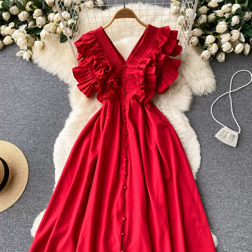 Short Sleeve V-neck Solid A-Line Dress Summer Ruffles High Waist Maxi Dress Ladies Elegant Dresses Clothes Women Wholesale NovaCart