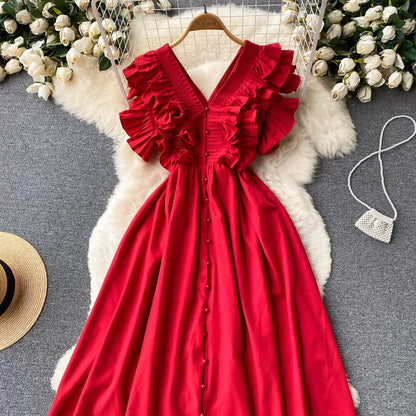 Short Sleeve V-neck Solid A-Line Dress Summer Ruffles High Waist Maxi Dress Ladies Elegant Dresses Clothes Women Wholesale NovaCart