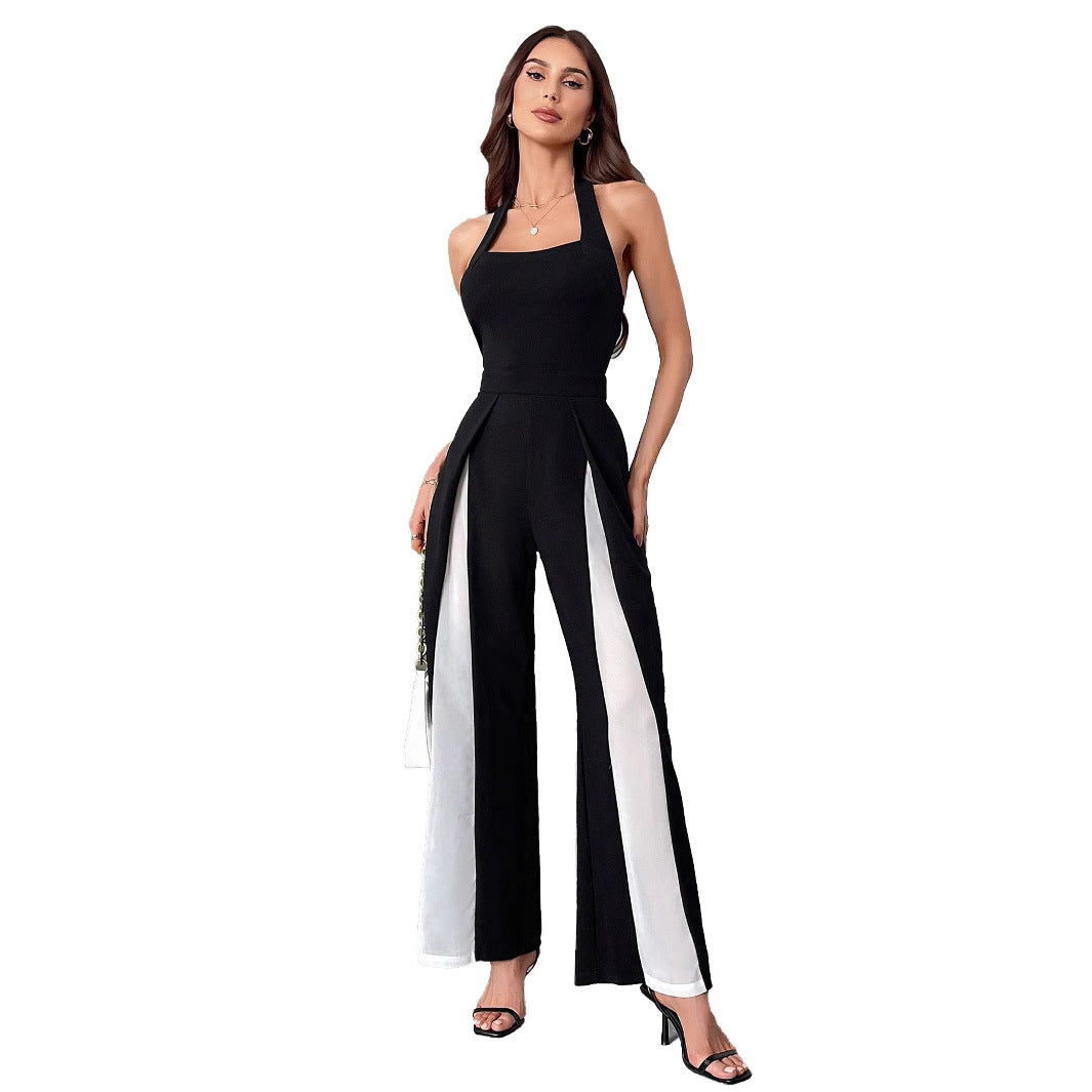 Black And White Straight Leg Halter Jumpsuit Grayceful LLC